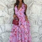 Elegant Patterned Dress With Lace Up Halter Neck Slim Long Silhouette And Ruffle Detail