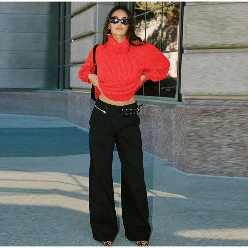 Street Style Mid Rise Wide Leg Denim Pants With Deep Pockets