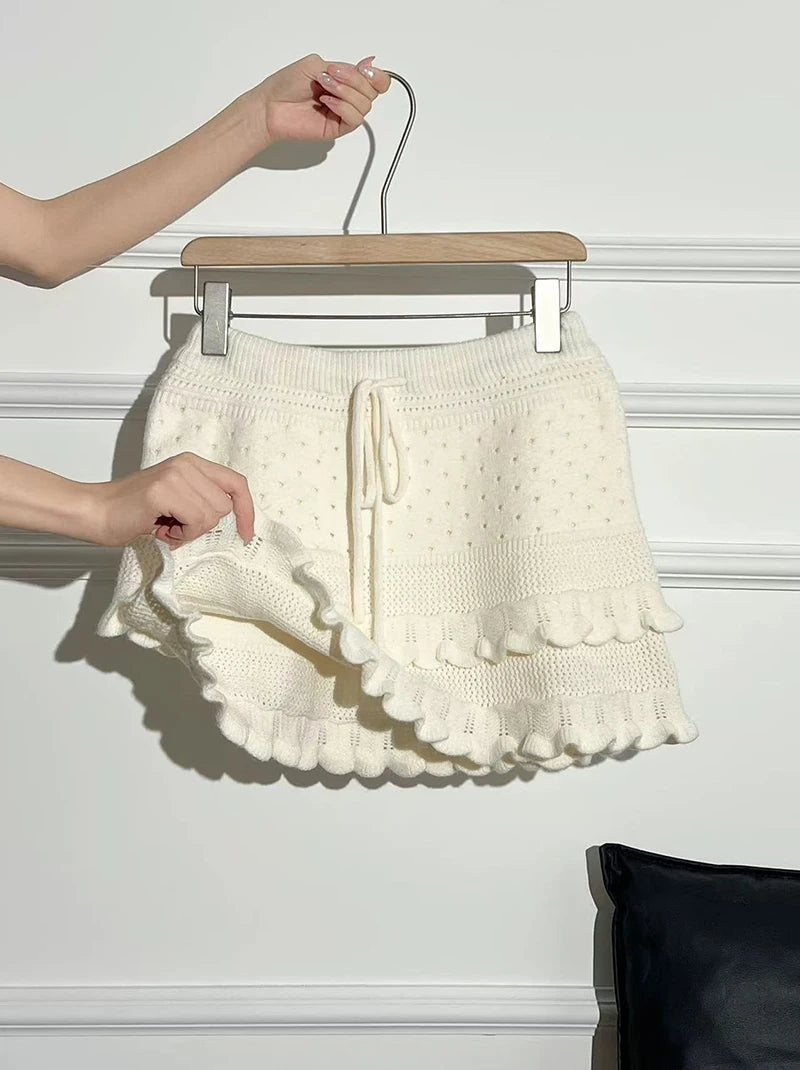 Patchwork Knit Mini Skirt With High Waist Ruffle And Hollow Out Details