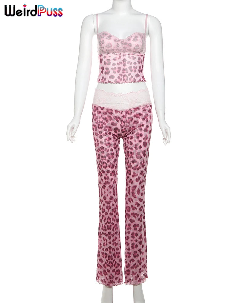 Patchwork Mesh Set With Leopard Print Skinny Pants Sexy Sleeveless Crop Top Street Style