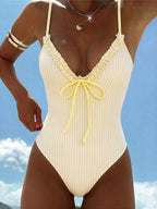 Striped Plaid V Neck  One Piece Swimsuit Female Frilled High Leg Cut Padded