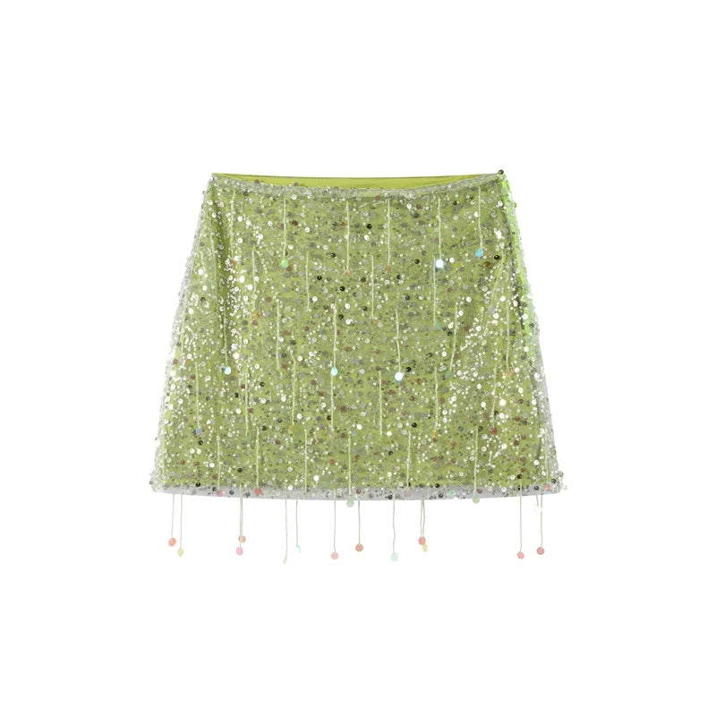 Beaded Sequin Two Piece Set Sleeveless Backless Crop Top And Mini Skirt Glam Outfit