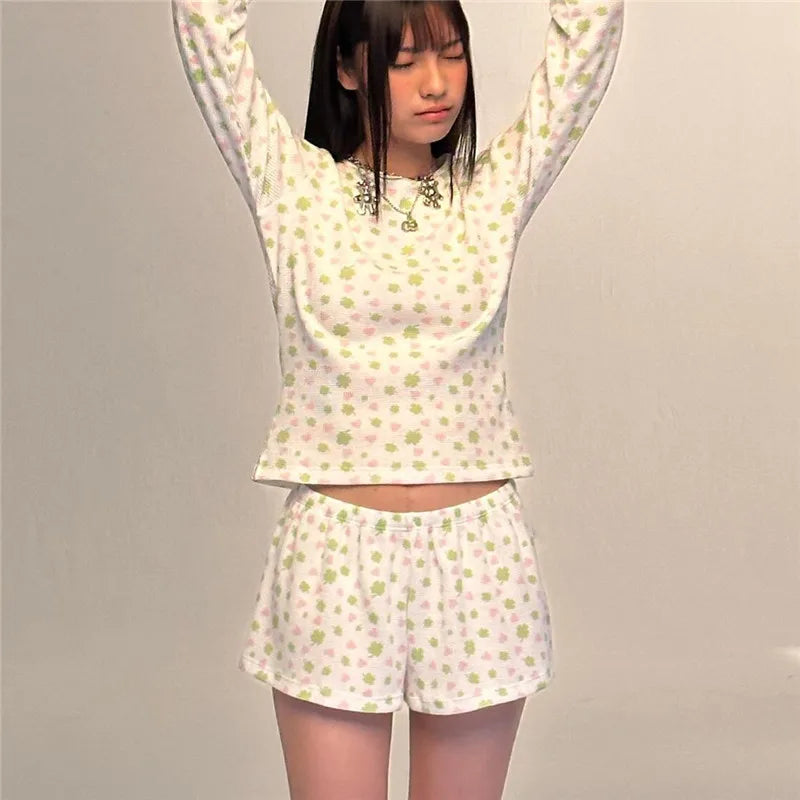 Floral Knit Pajama Set With Crop Top And Low Waist Shorts