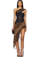 Leopard Patchwork Lace Dress One Shoulder With Ruffle Sheer Elegance