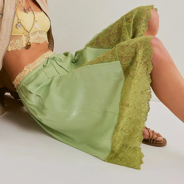 Y2K Lace Floral Bloomers Midi Pants With Silk Satin Patchwork Ruffles
