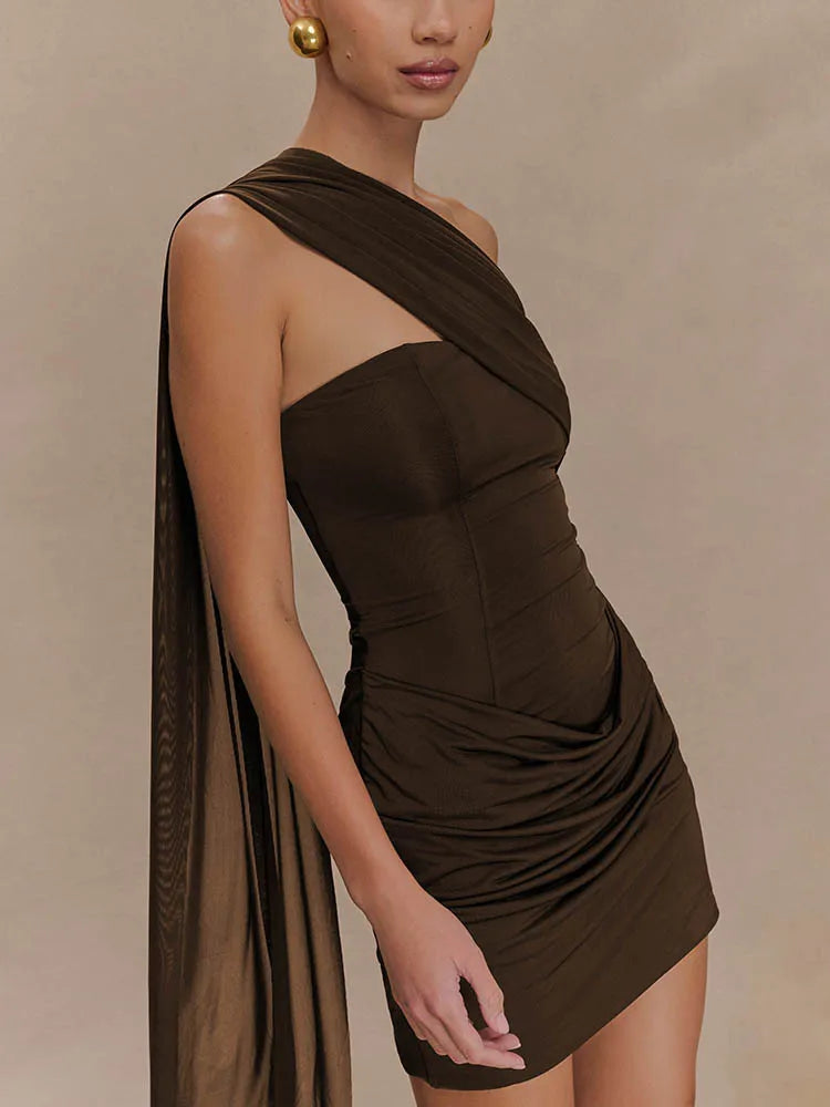 One Shoulder Backless Mini Dress With Draped Ruched Silhouette