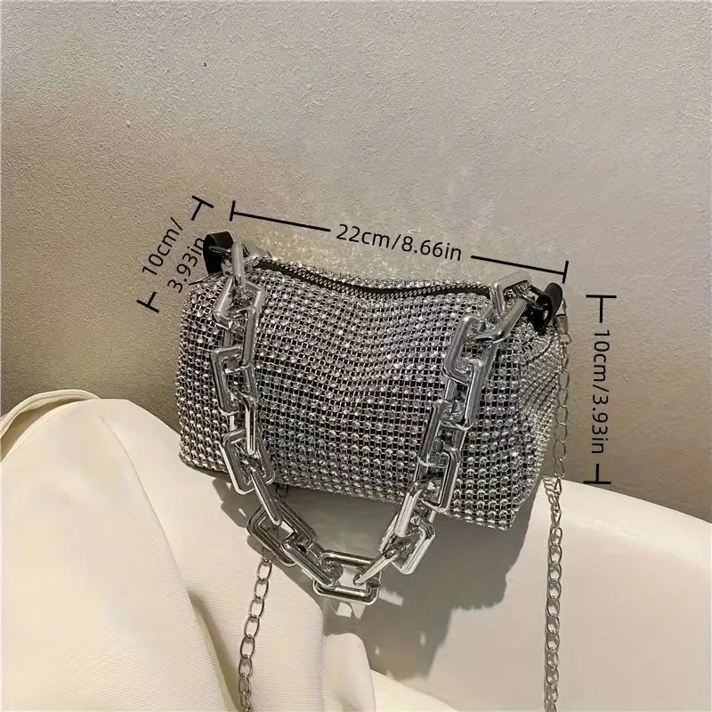 Mini Crossbody Rhinestone Bucket Bag With Glitter Chain Purse