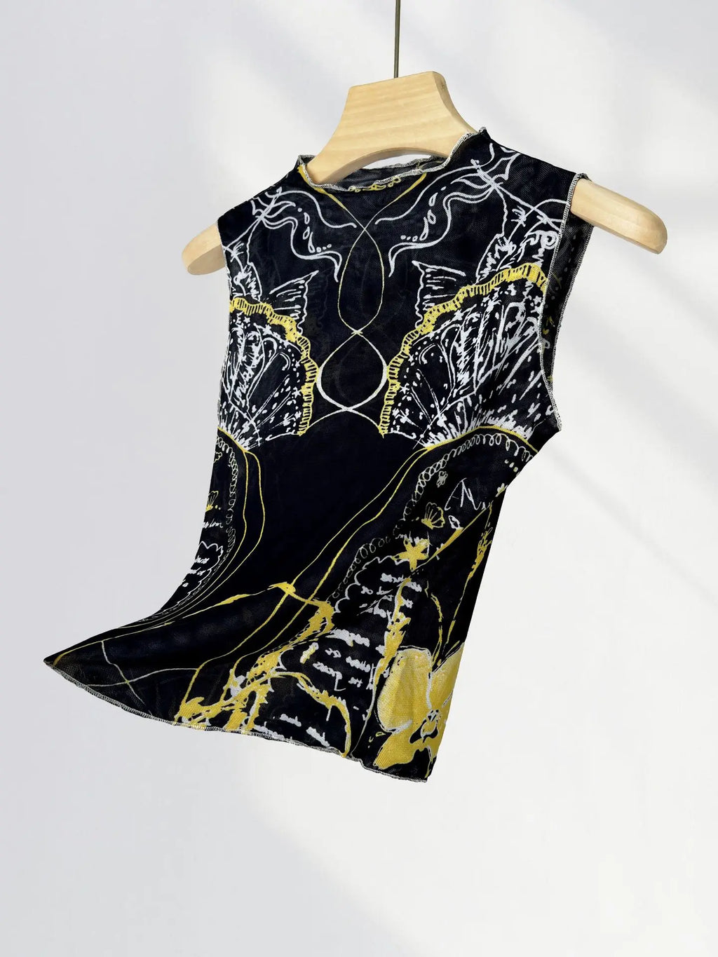 Chic Double Layer Mesh Tee With Elegant Print And High Collar Short Sleeve Women Net Shirt