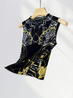 Chic Double Layer Mesh Tee With Elegant Print And High Collar Short Sleeve Women Net Shirt