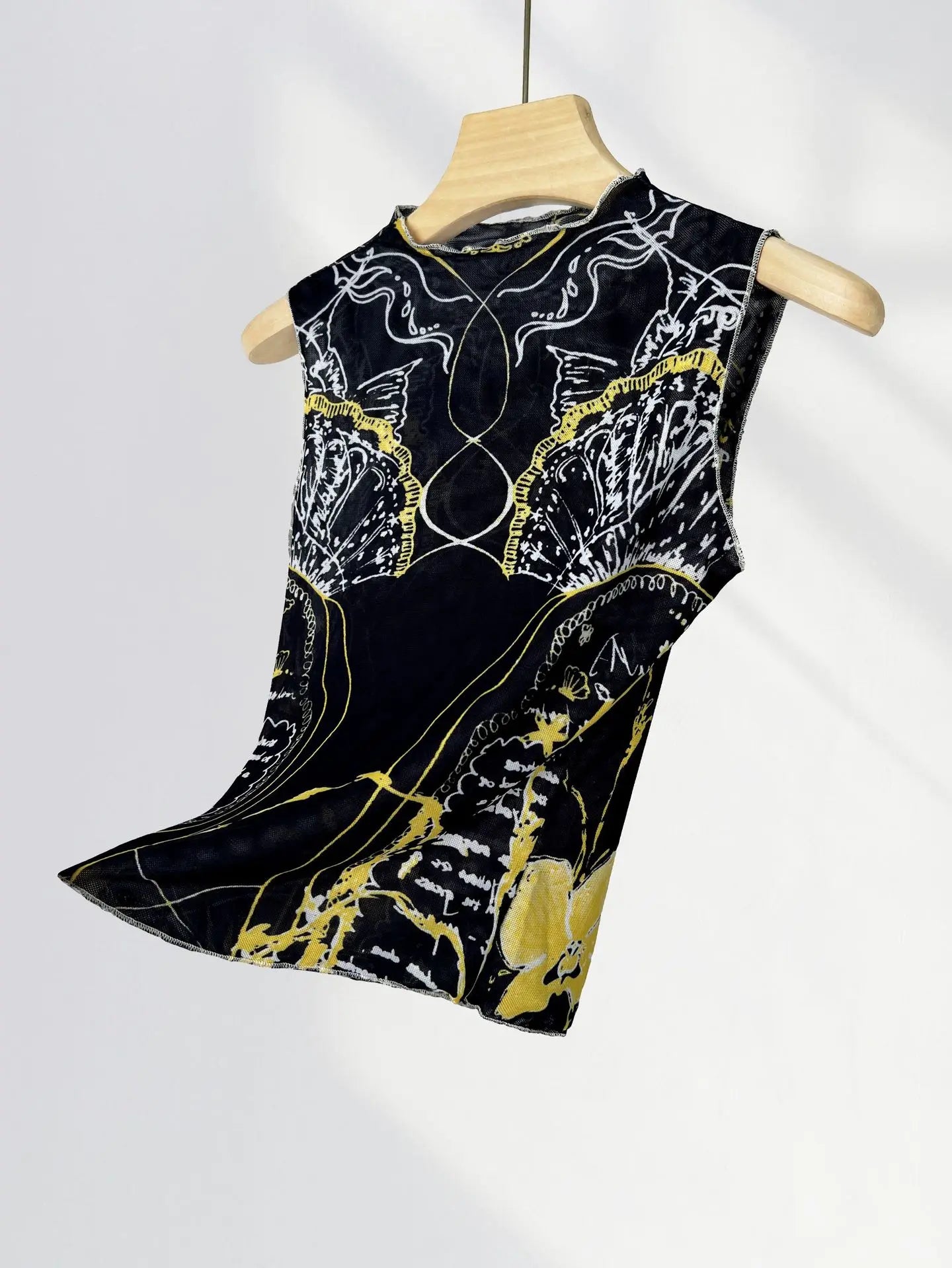 Chic Double Layer Mesh Tee With Elegant Print And High Collar Short Sleeve Women Net Shirt