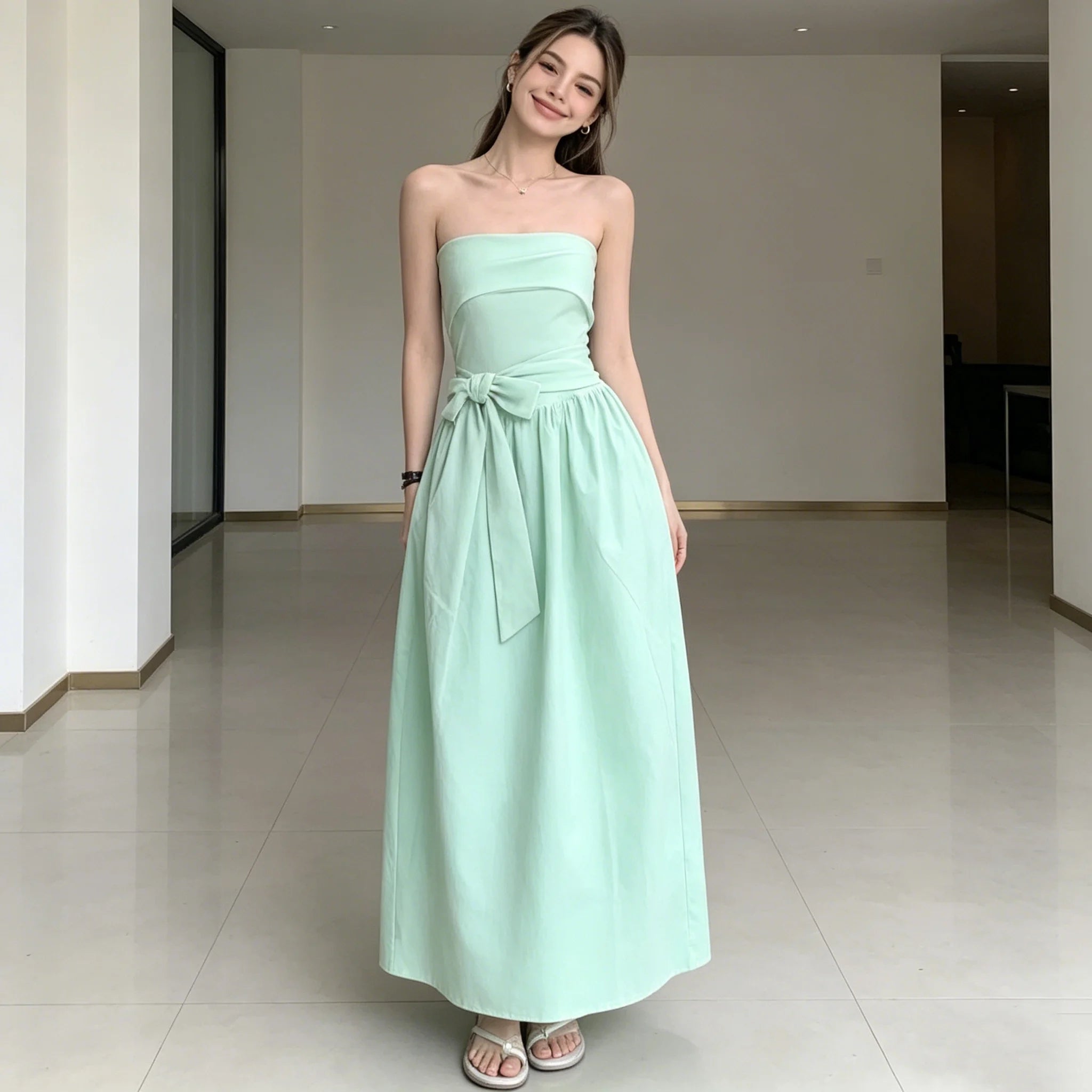 Strapless Bow Tie Maxi Dress With Cinched Waist Elegant Flowing A Line Gown