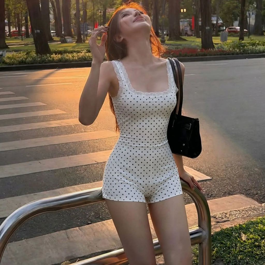 Summer Jumpsuit Polka Dot Lace Patchwork Square Neck Sleeveless