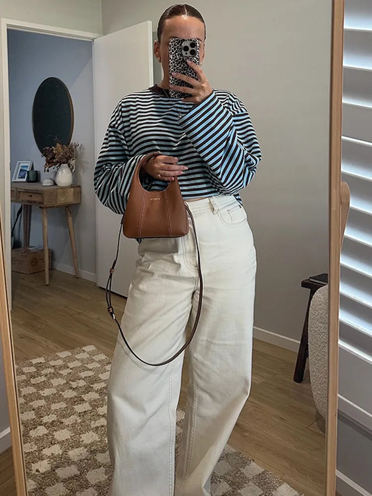 Stripe Patchwork Long Sleeve Tee for Casual Streetwear and Everyday