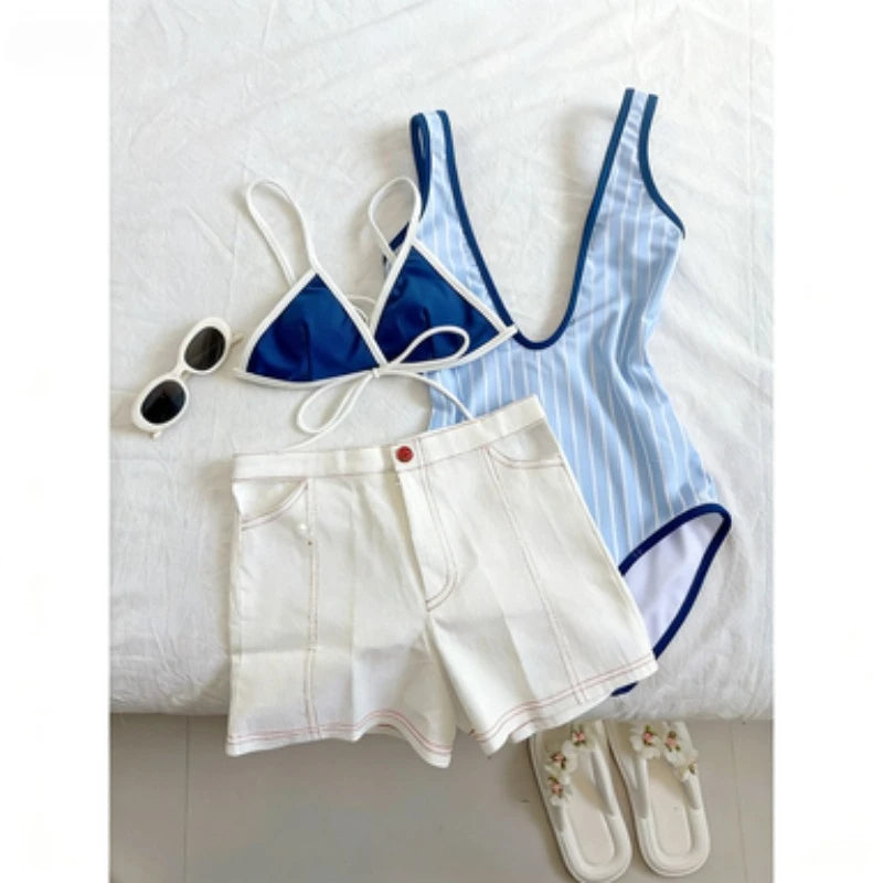 Blue And White Striped One Piece Swimsuit For Summer Vacation Chic Slim Fit Beachwear