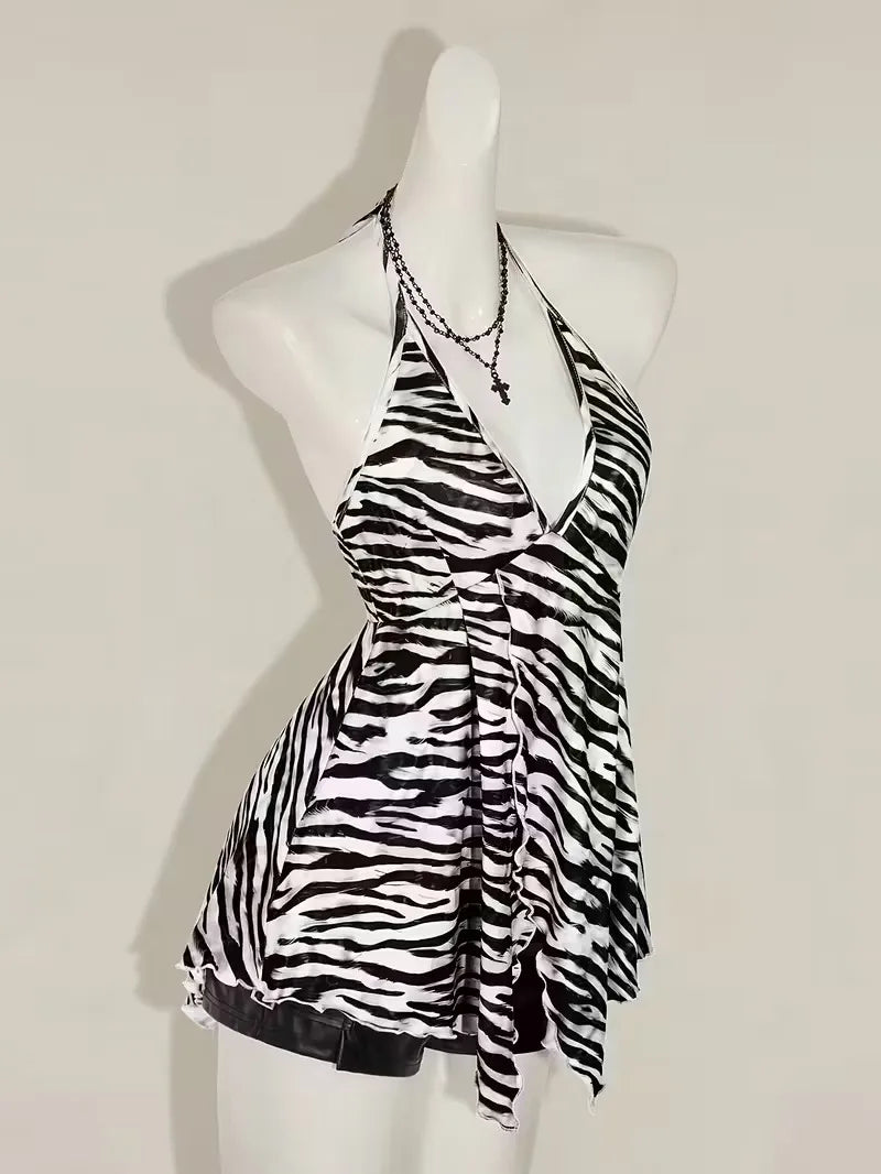 Zebra Print V Neck Backless Halter Top