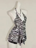 Zebra Print V Neck Backless Halter Top