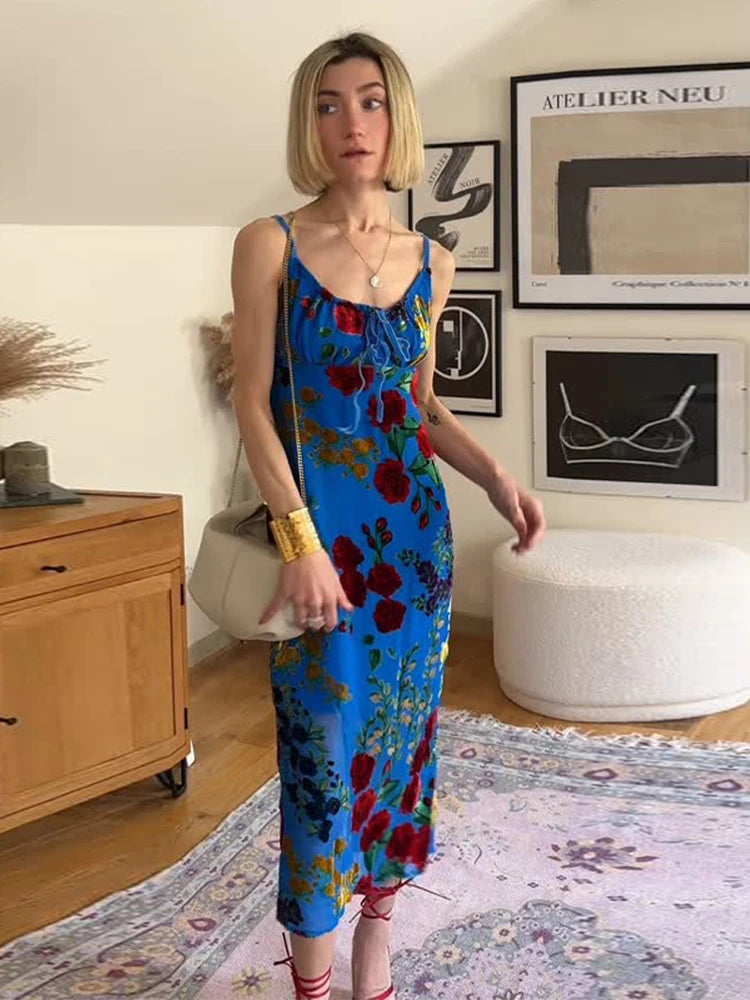 Retro Floral Lace Up Backless Maxi Dress