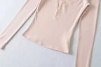 Soft Cotton Long Sleeve Lace Trim V Neck Top Feminine Style