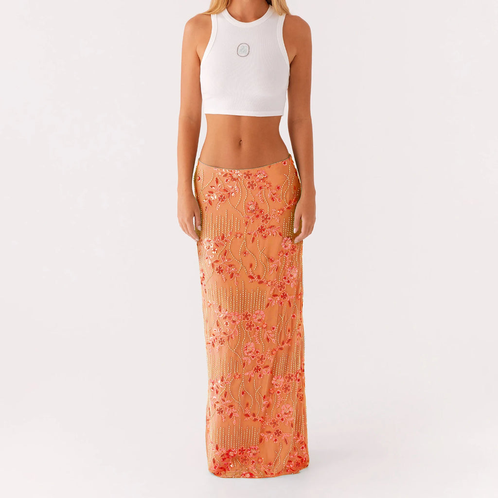 Elegant Beaded Sequin Maxi Skirt With Floral Embroidery