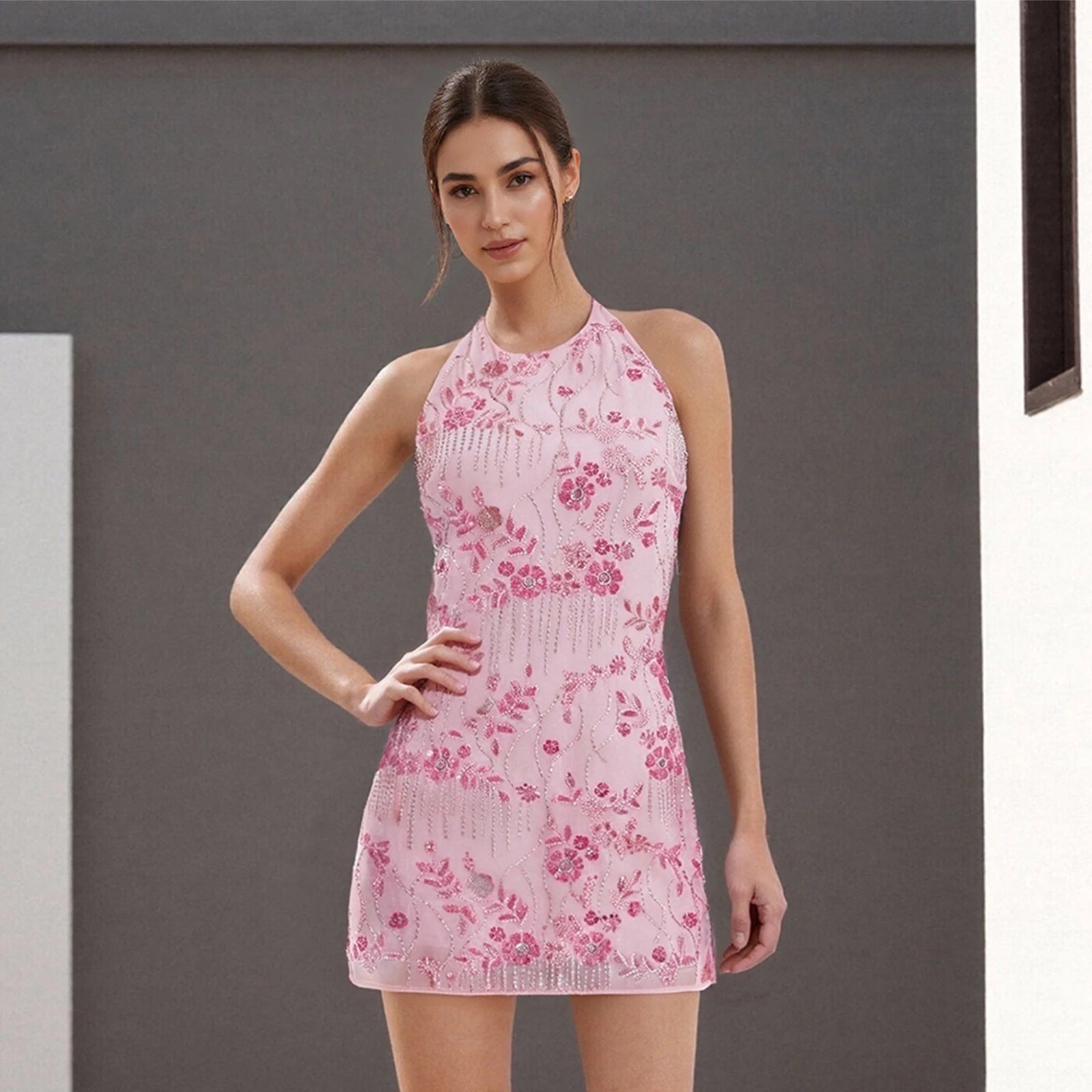 Halter Dress With Sequin Beading And Floral Embroidery Backless Slim Mini