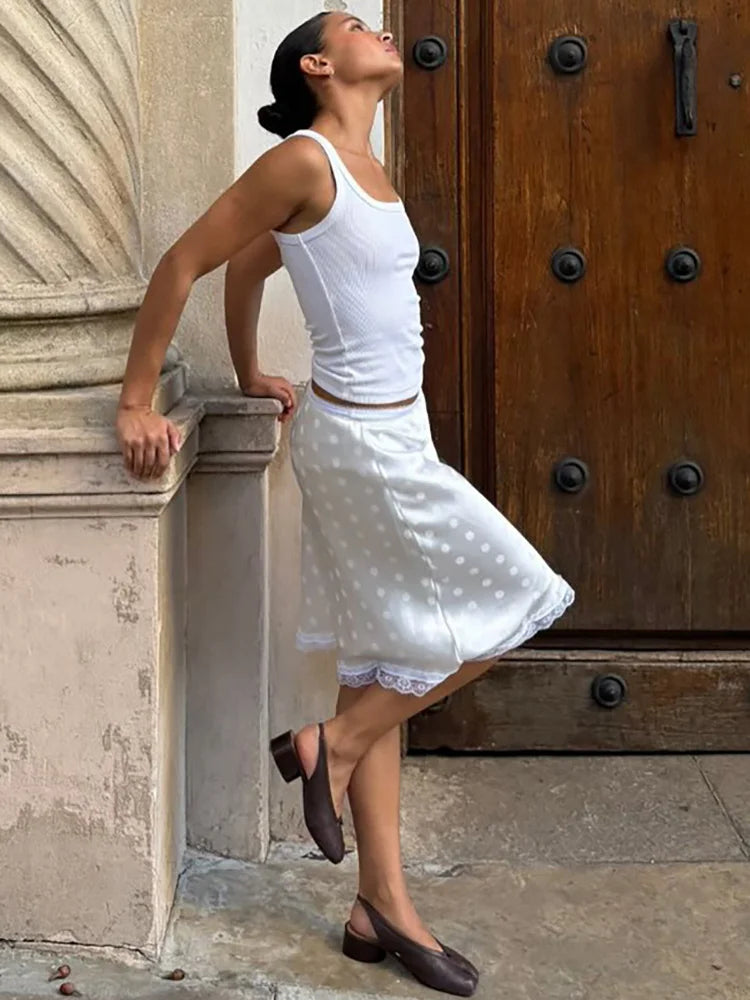 Patchwork Lace Print Polka Dot Women High Waist A-line Mini Skirt