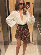 Mini Brown Skirt Yellow Polka Dot High Waist