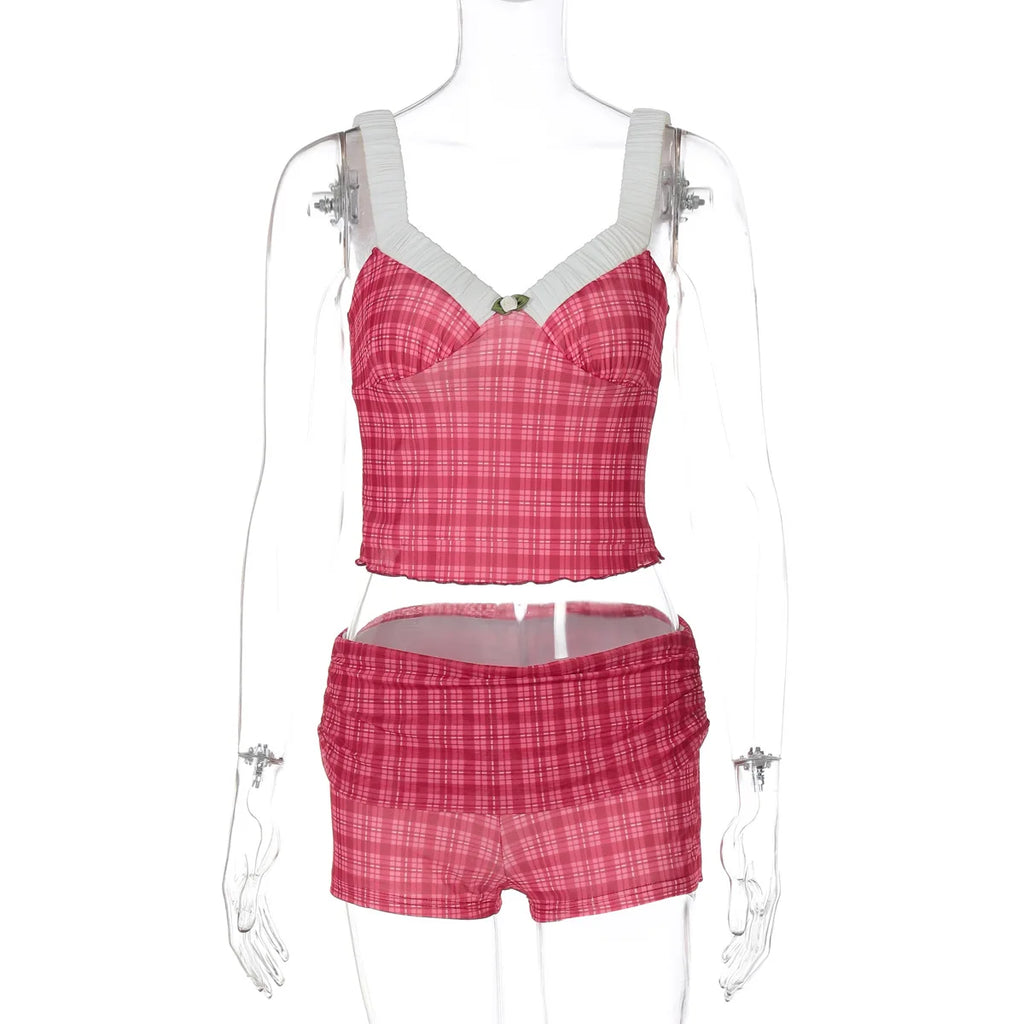 Coquette Plaid Set With Ruffle Trim Crop Top High Waist Shorts