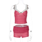 Coquette Plaid Set With Ruffle Trim Crop Top High Waist Shorts