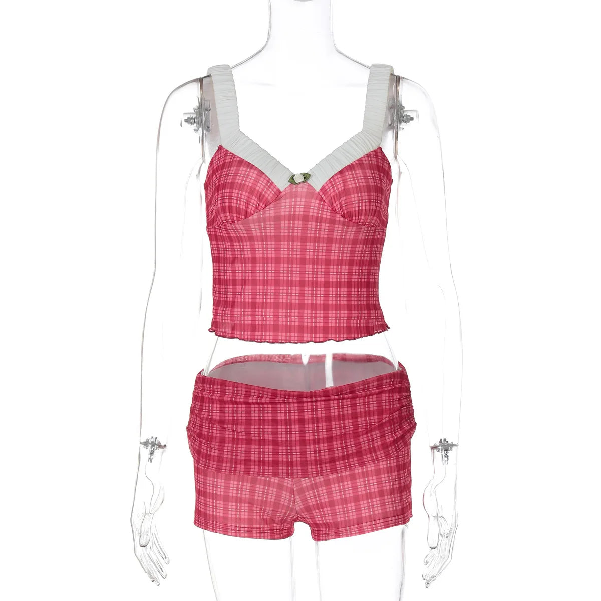 Coquette Plaid Set With Ruffle Trim Crop Top High Waist Shorts