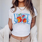 Cherry Graphic Cropped Tee With I Do Not Smoke Message One Hundred Percent Cotton Women's Top