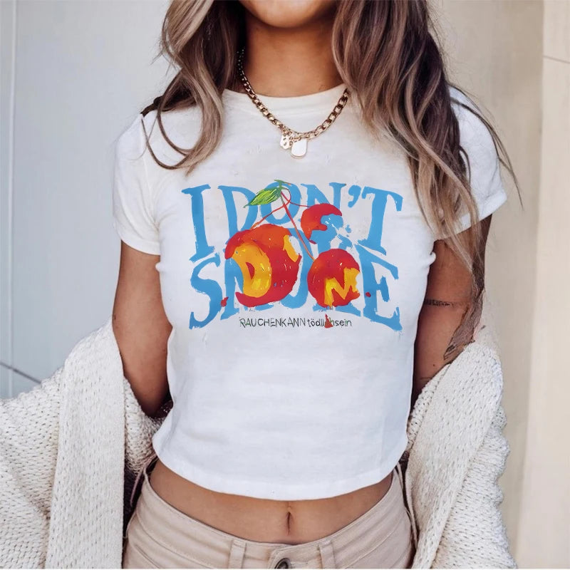 Cherry Graphic Cropped Tee With I Do Not Smoke Message One Hundred Percent Cotton Women's Top