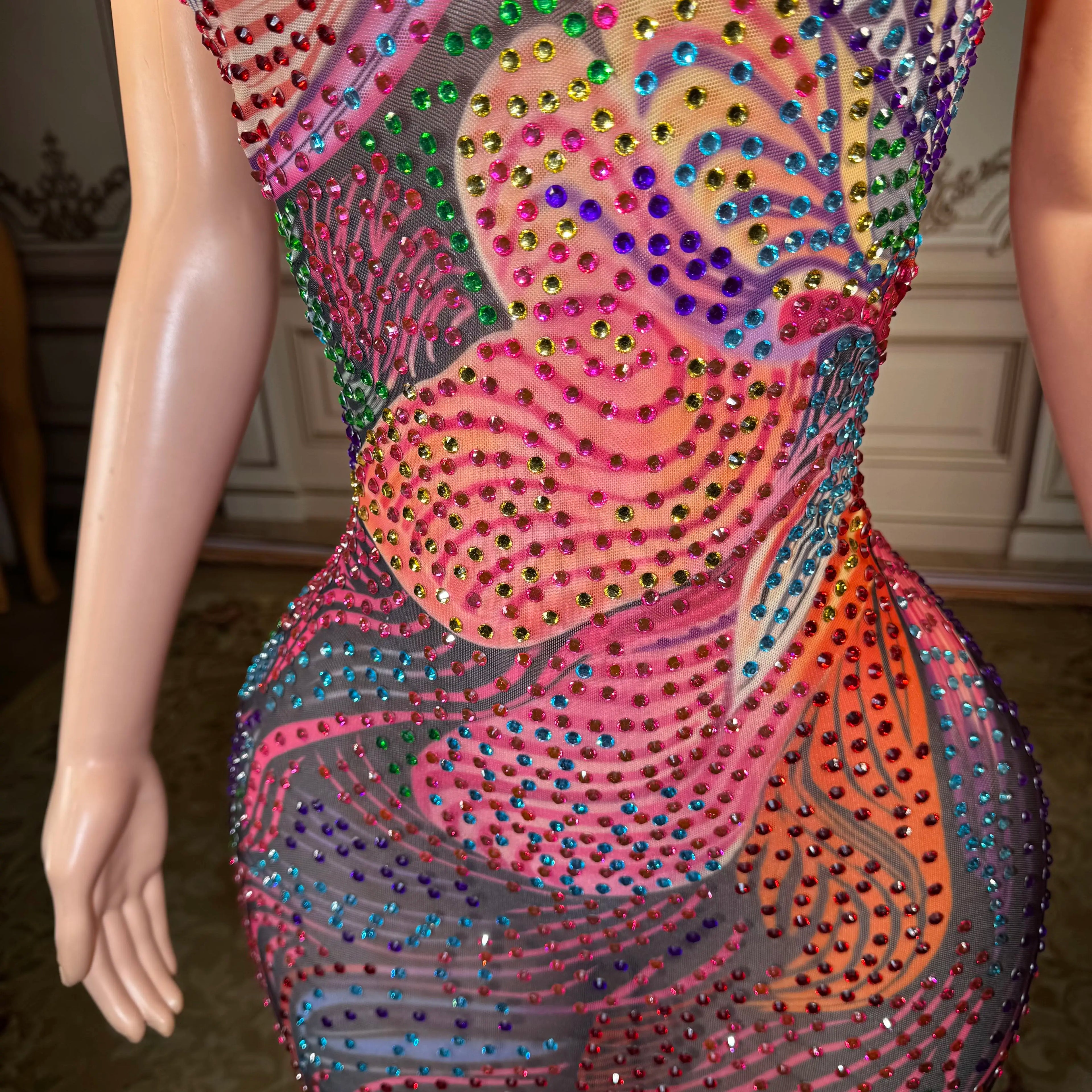 Plus Size Glam Night Sheer Mesh Dress With Colorful Rhinestones