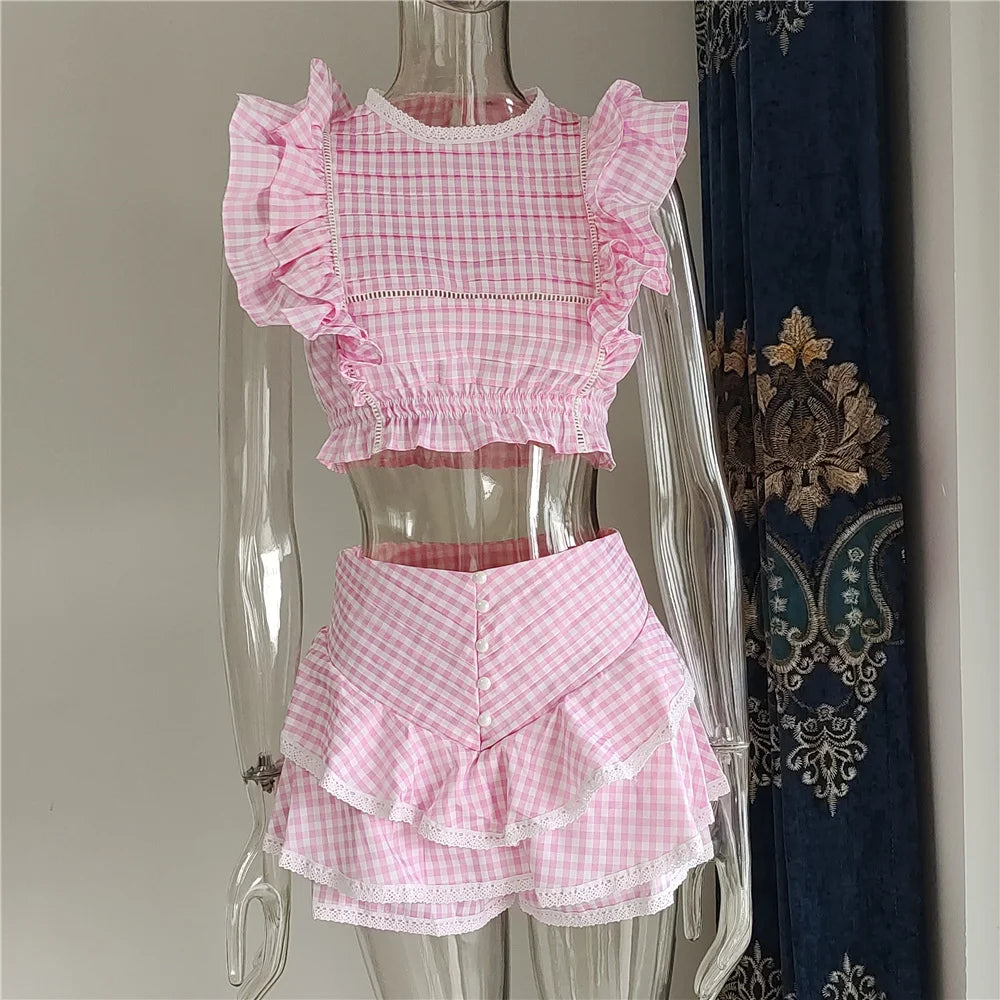 Cotton Plaid Ruffled Top And Shorts Set For Women