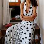 Halterneck Backless Patchwork Maxi Dress In Dots And Floral Print