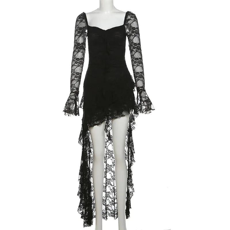 Gothic Fairycore Lace A Line Dress With Flare Sleeves And Square Neck