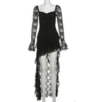 Gothic Fairycore Lace A Line Dress With Flare Sleeves And Square Neck