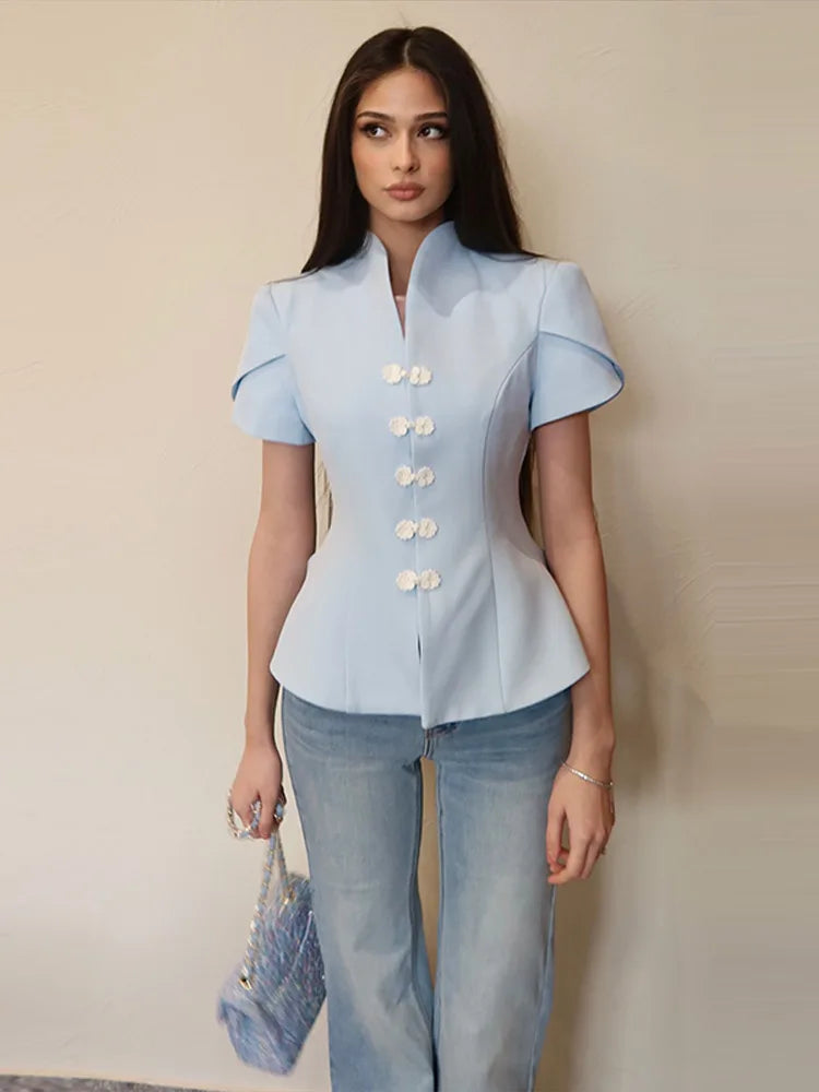 Blue Stand Collar Puff Sleeve Blazer Single Breasted