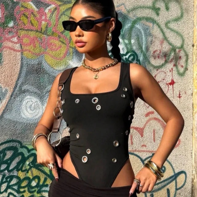 Punk Metal Ring Hollow Out High Leg Leotard Women Stretchy Layering Camisole