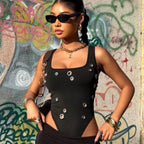 Punk Metal Ring Hollow Out High Leg Leotard Women Stretchy Layering Camisole