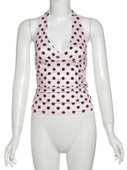 Polka Dot Halter Tank Top With Backless Lace Up Detail Chic Summer