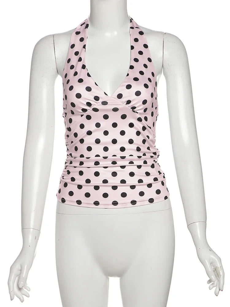Polka Dot Halter Tank Top With Backless Lace Up Detail Chic Summer