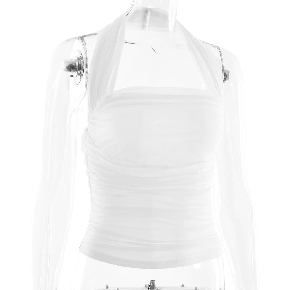 Ruched Halter Backless Top Double Layer