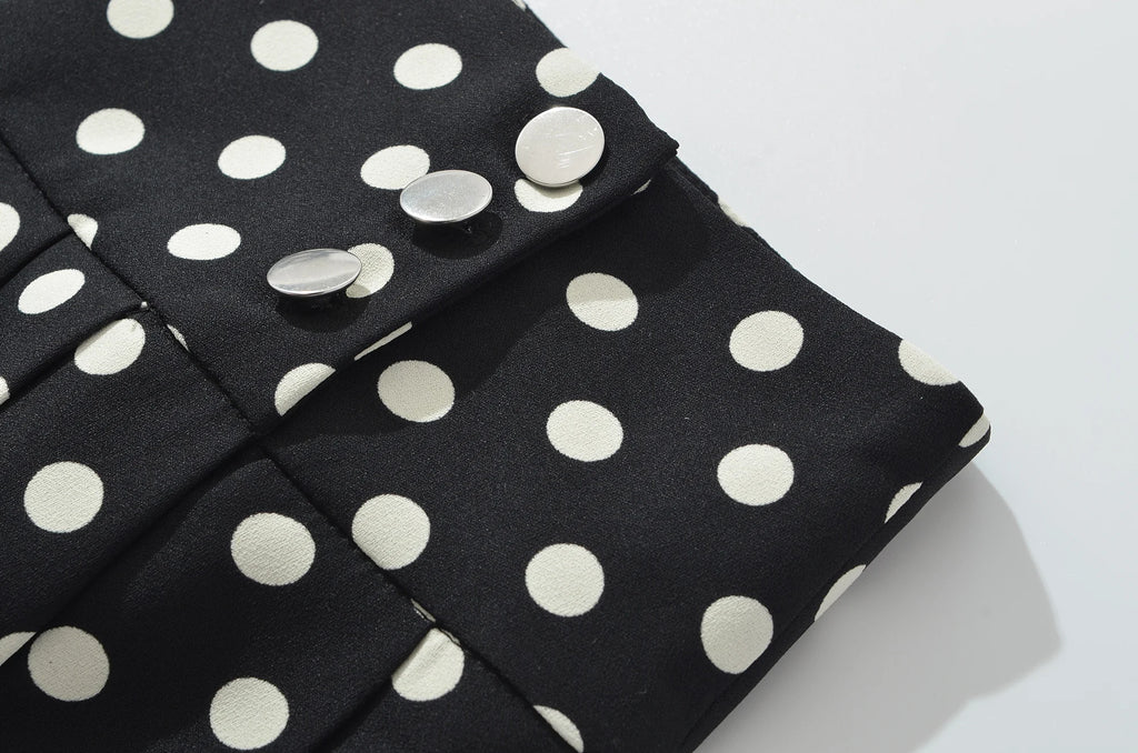 Black Polka Dot Pleated Mini With Shorts Lining Low Waist Skater Style Button Details
