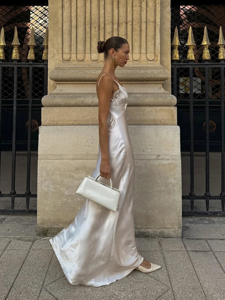 V-Neck Satin Sling Maxi Dress With Lace Patchwork Backless Evening Gown
