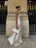 V-Neck Satin Sling Maxi Dress With Lace Patchwork Backless Evening Gown