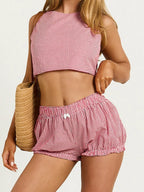 Plaid Set With Tie Back Sleeveless Crop Top And Mini Ruffle Shorts Two-piece