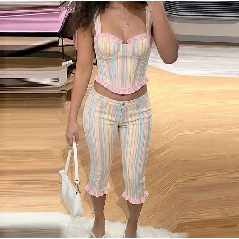 Fashion Stripe Capri Pant 2 Piece Set Women's Sleeveless Strap Crop Tank Waist-cinching Trousers