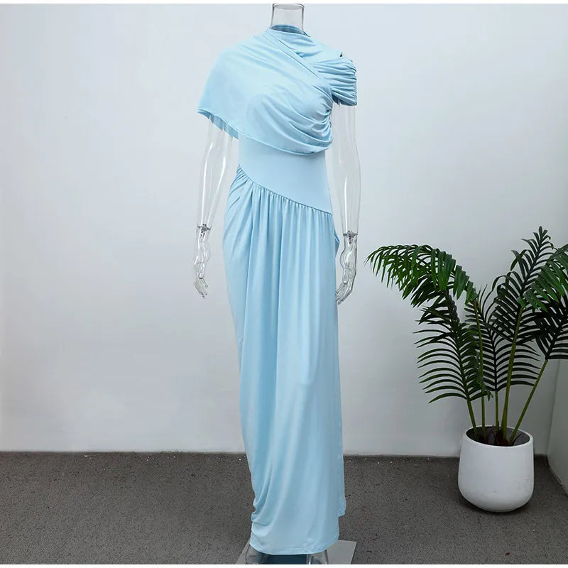 Blue Irregular Shawl Maxi Dress Slim Fit Pleated Turtleneck Elegant Evening