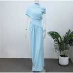 Blue Irregular Shawl Maxi Dress Slim Fit Pleated Turtleneck Elegant Evening