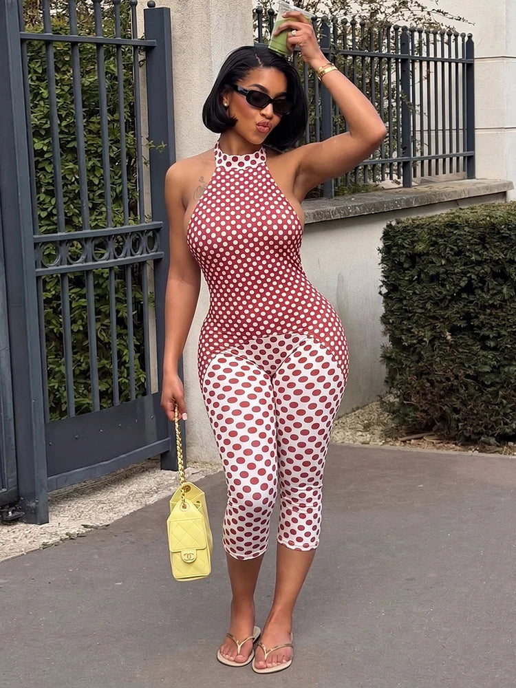 Polka Dot Halter Romper For Women Backless Sleeveless Slim Fit